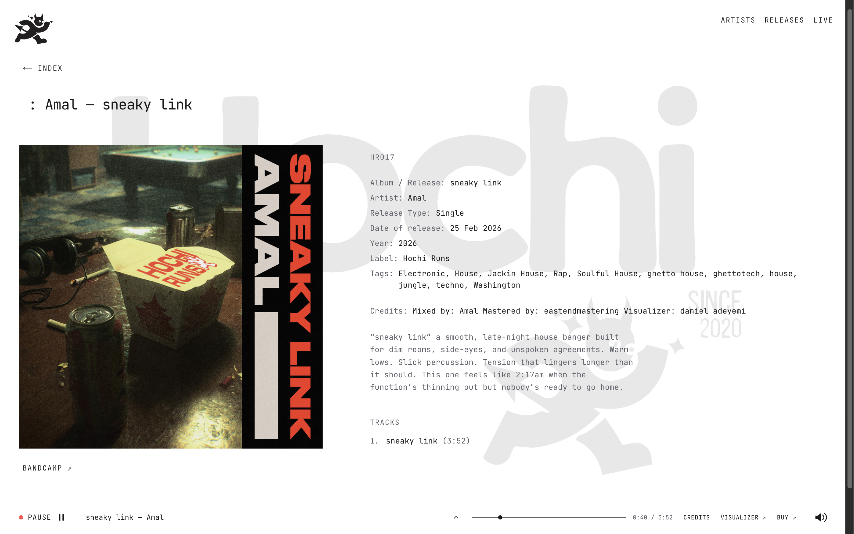 Amal’s sneaky link release page with artwork, metadata, credits, tracklist, and the shared player